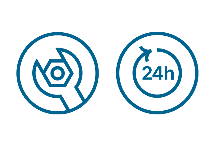 Symboler f&ouml;r teknisk service och jour 24 timmar om dygnet.